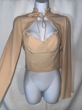 Forever 21 Nude Beigey Cutout Ruffle-Trim Long Sleeve Crop Top
